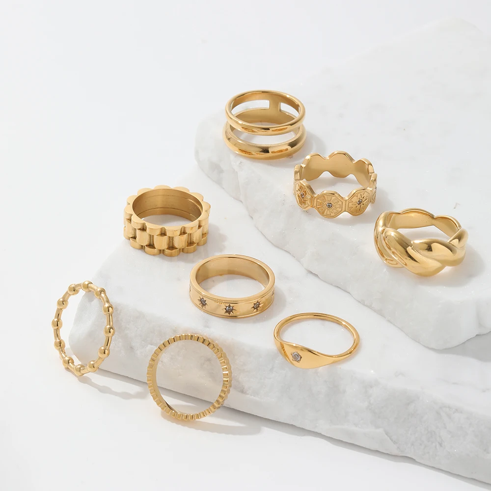 Joolim Jewelry Wholesale 18K Gold Plated Zirconia Star Surround Stainless Steel Band  Ring for Women Jewelry