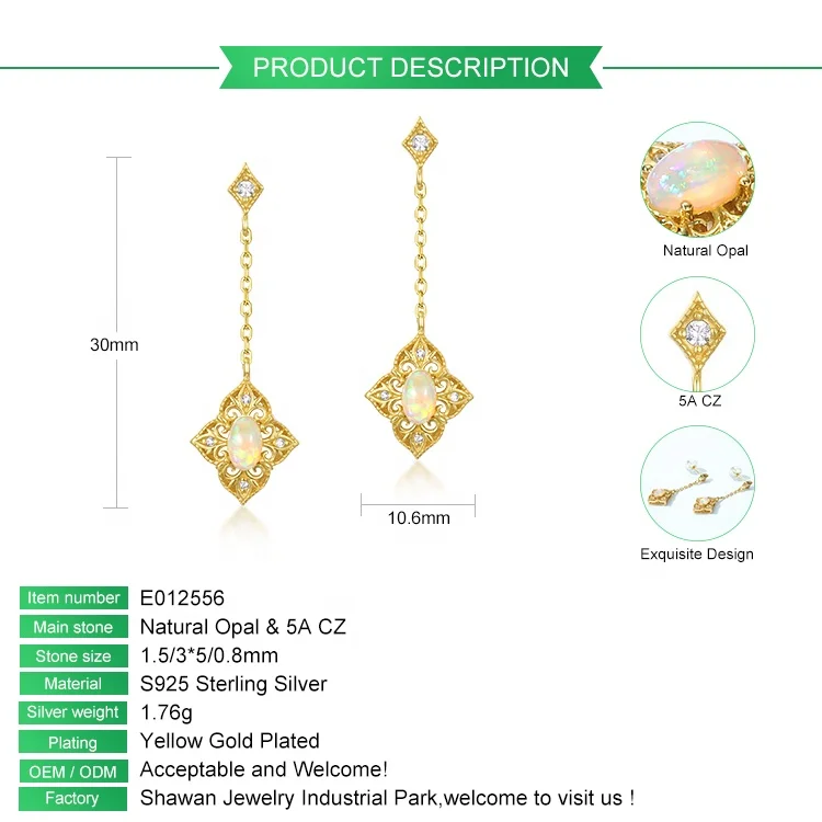 Factory Price Fashion Natural Gemstone Long Link Chain Dangle Earrings Gold Plated Opal 5A CZ Drop Stud Earrings