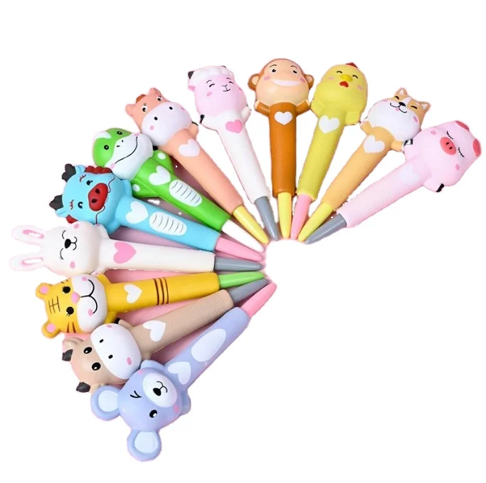 FW41 Wholesale Kawaii Fidget Pen Cute 12 Animals Squishy Pens Stress Relief  PU Squishy School Supplies Scented Gel Pens Kids