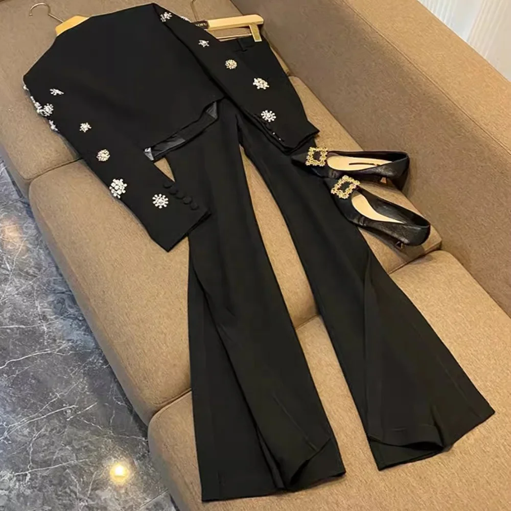 Luxury Fine Workmanship Beads Rhinestone Lady Suit Short Length Coat Slit Wide Leg Pants Women 2Pcs White