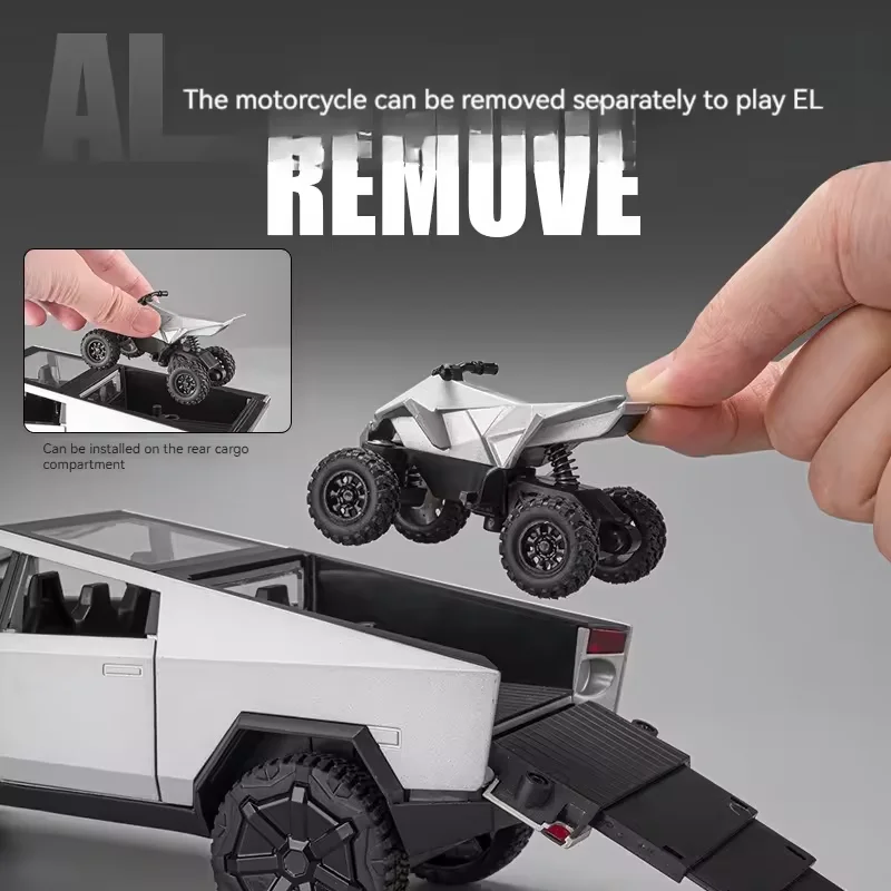 1/24 diecast Tesla Cybertruck pickup alloy car model pullback with ATV decorate metal model