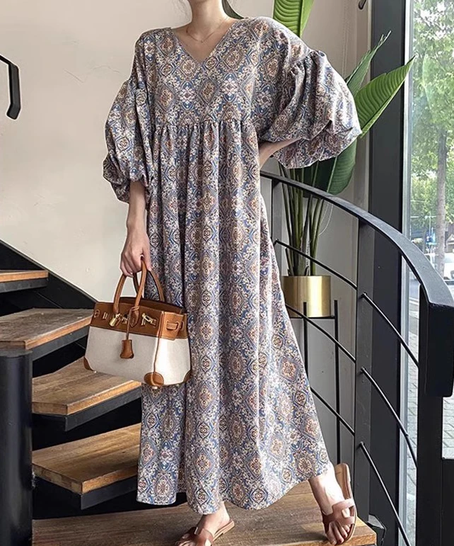 wholesale floral midi lantern sleeve vintage dress