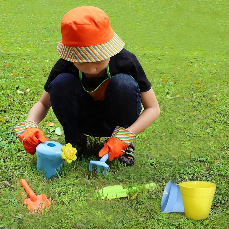 kids garden tools set with a Reversible Bucket Hat/ hand tools and equipment kit shovel fork rake mini garden toy