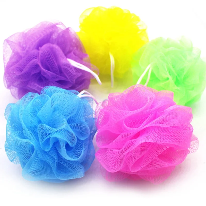 OEM Promotional wholesale colorful body rubbing ball puff mesh loofah shower sponge PE mesh baby pouf bath sponge