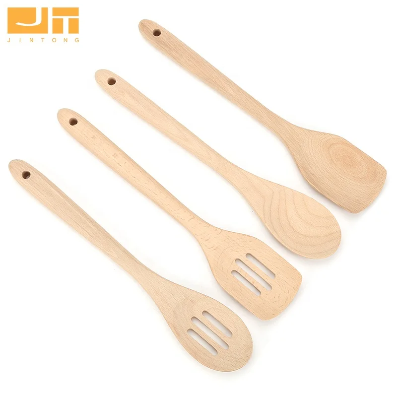Premium Beech Wooden Cooking Set 4Pcs With Hanging Hole Natural Color Turner Spoon Slotted Spatula For Kitchen
