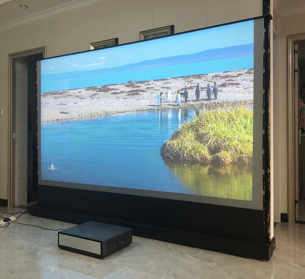 Telon Home Cinema 100 Inch Electric Tension Floor Screen PET Crystal UST ALR Laser Projector Rising Motorized Alr