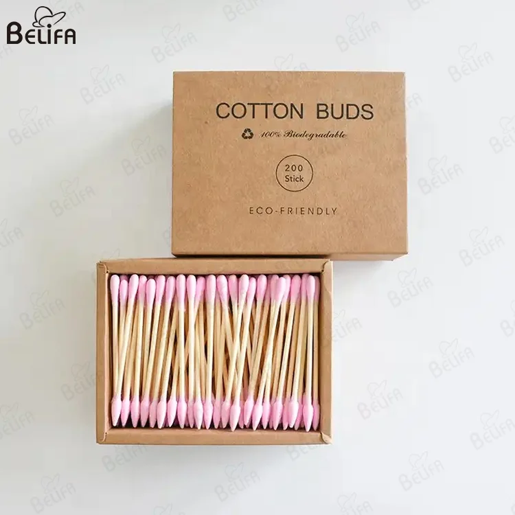 custom oem eco-friendly biodegradable 200pcs/box q tips foam cleaning stick double heads organic bamboo wooden cotton swabs