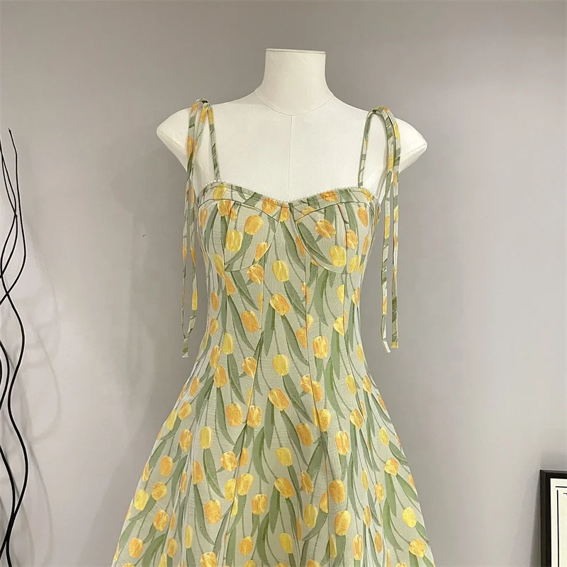 2023 Summer New Beach Skirt French Tulip Print Long Dress Vintage Fragmented Flower Strap Casual Dress