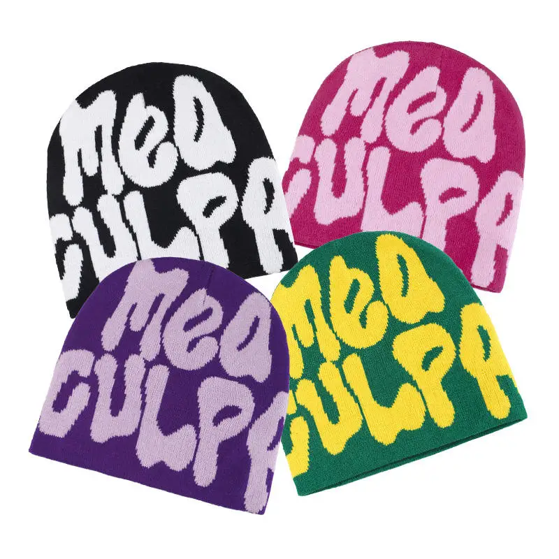 Custom All Over Print Beanie With Logo Embroidery Jacquard No Fold Bennie Hat Meaculpa Y2k Knit Skull Cap