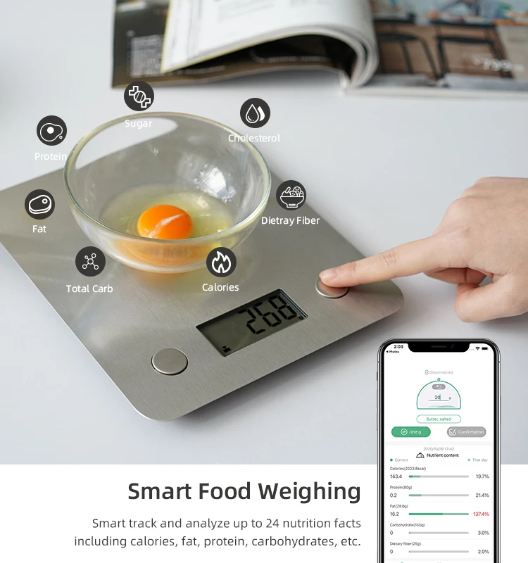 Hot Sale 5kg Stainless Steel Smart Food Scale LCD Display Bluetooth Tempered Glass ABS Plastic Material Certified Rohs Household
