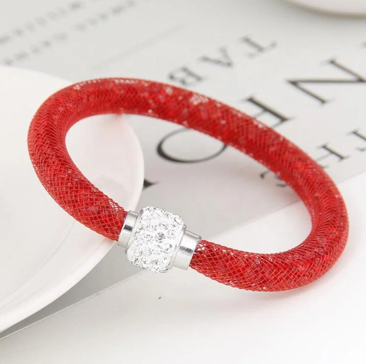 Fashion Magnetic Clasp Crystal Mesh Tube Bracelet Charm for Women