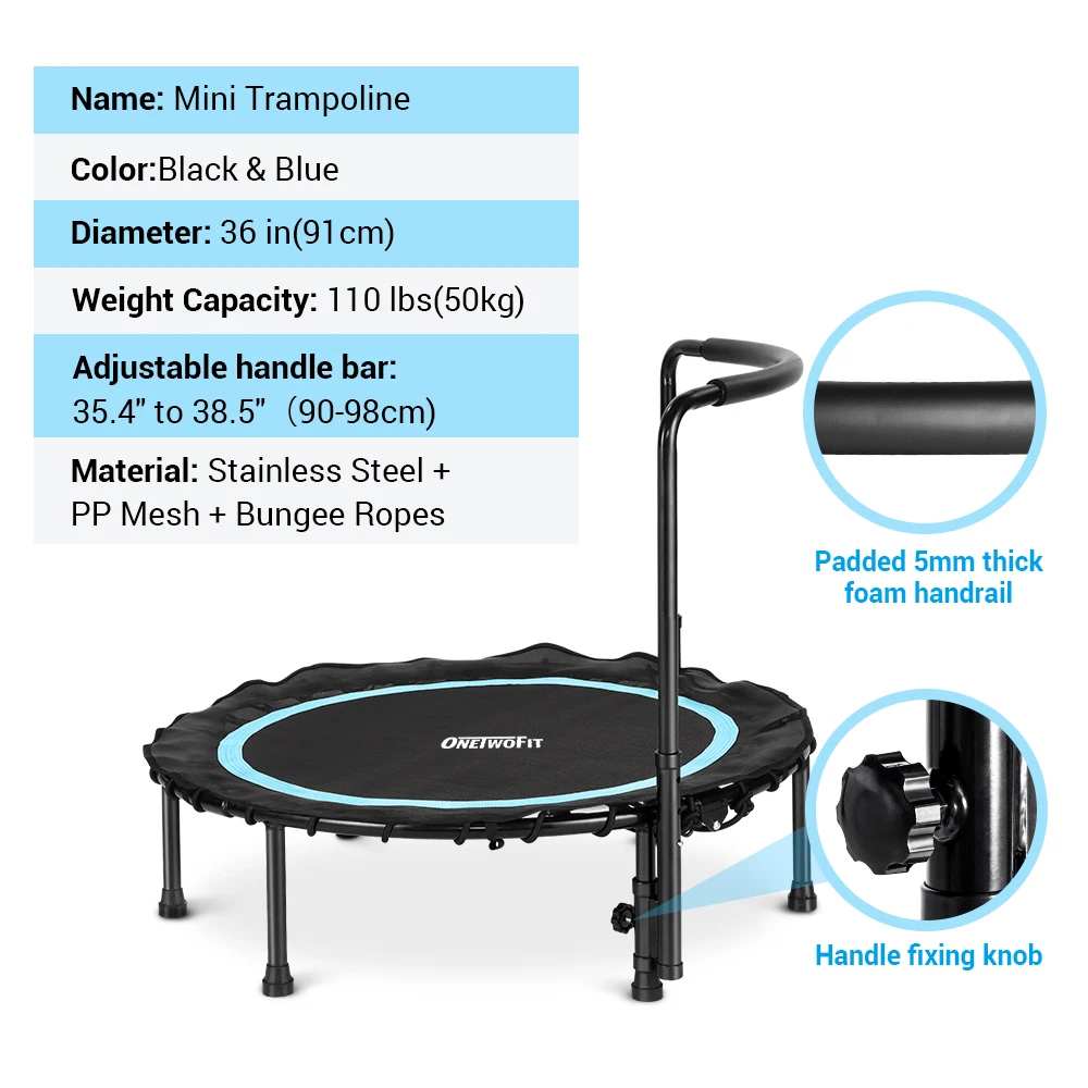 Onetwofit Hot Selling Fitness Rebounder Small 36 inch Indoor Trampoline Playground Rides Bungee Jumping in Black & Blue
