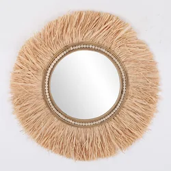 Customized Home Decoration Mirror  Hot Selling Handmade Raffia Mirror for wall art home decor