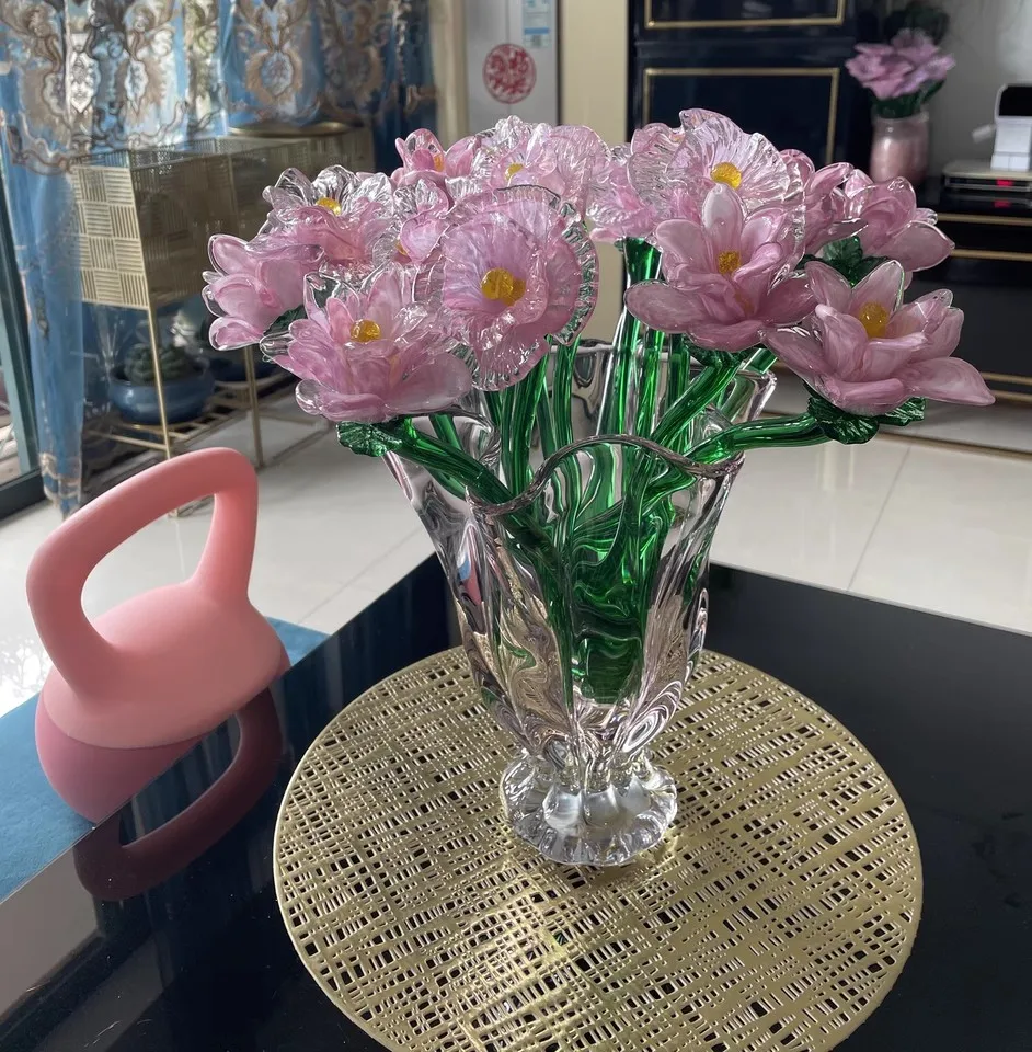 Artificial flowers Hand Blown Art Nordic Folk Art Decorative Long Stem vivid colored murano glass flower vase decoration flowers
