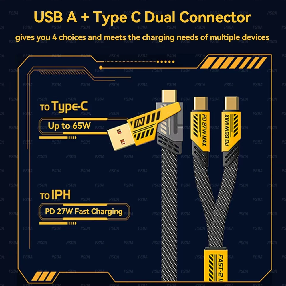 OEM LOGO Mech Style 4-in-1 Cable USB A Type-C Dual Connector Nylon Braided PD 65W 27W Fast Charging for iPhone 16 Android