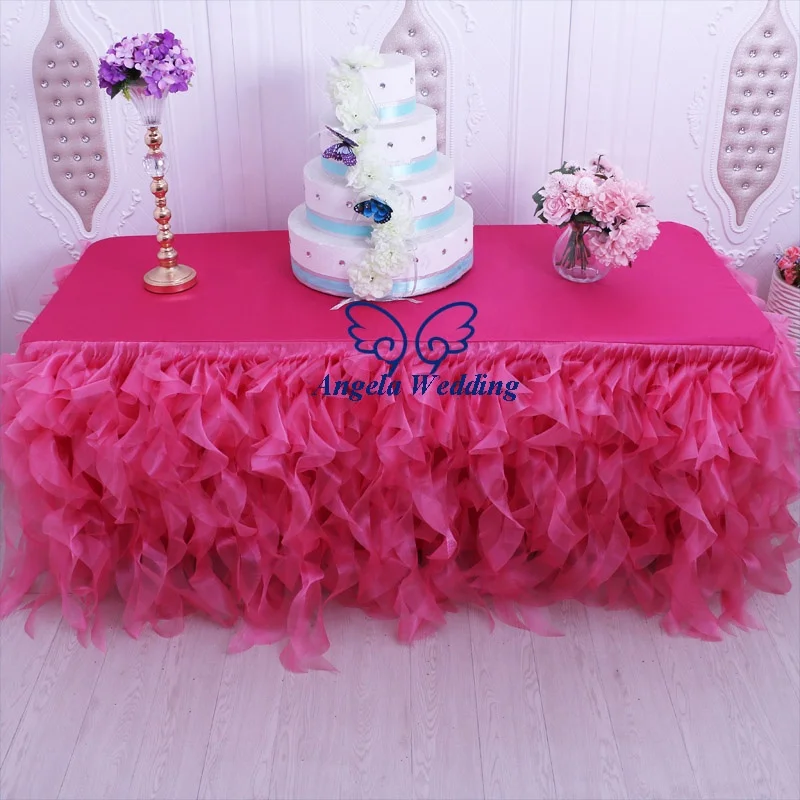 CL010R  manufacture wholesale price 6ft rectangle ruffled curly willow frilly fancy hot pink table cloths with top for wedding