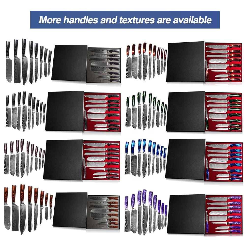 Wholesale price Japanese Stainless Steel  kitchen knives Laser Pattern knife set 8pcs Damascus Steel Knife set