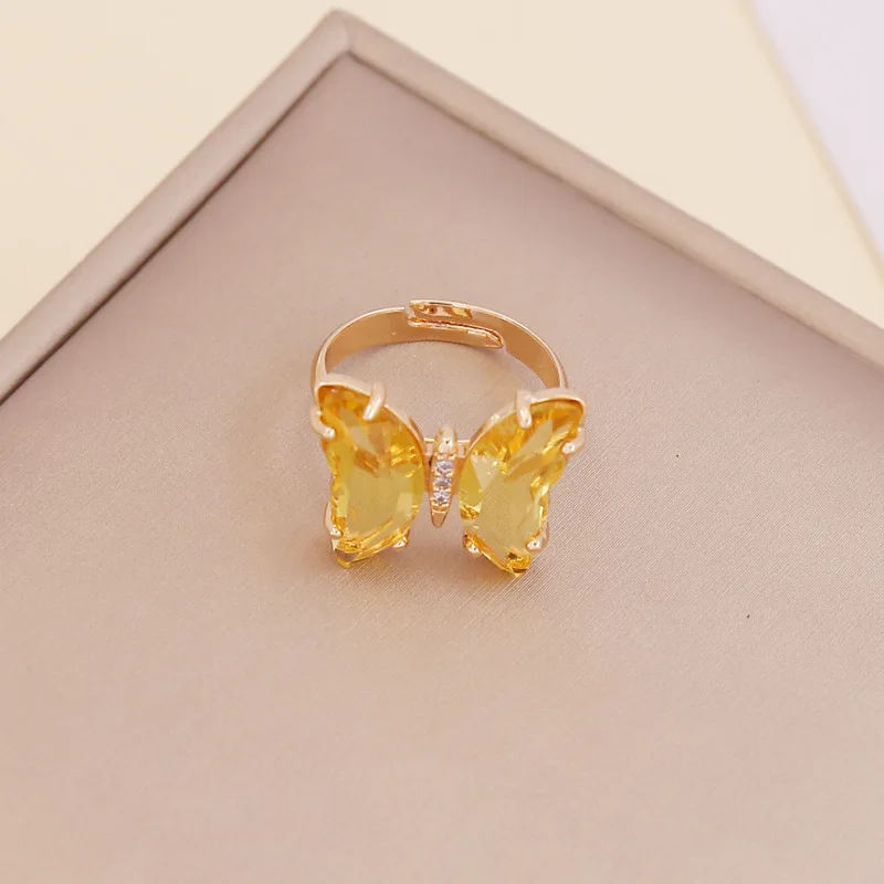 Brass Delicate Colorful Crystal Open Butterfly Rings Simple Banquet Wedding Finger Rings For Women Gift