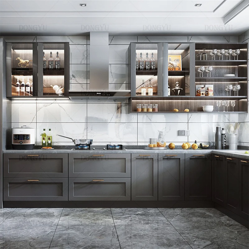 Customized American Morden Navy grey U Shape Quartz Top High Glossy Finish Top Selling Household Kitchen Cabinet for house