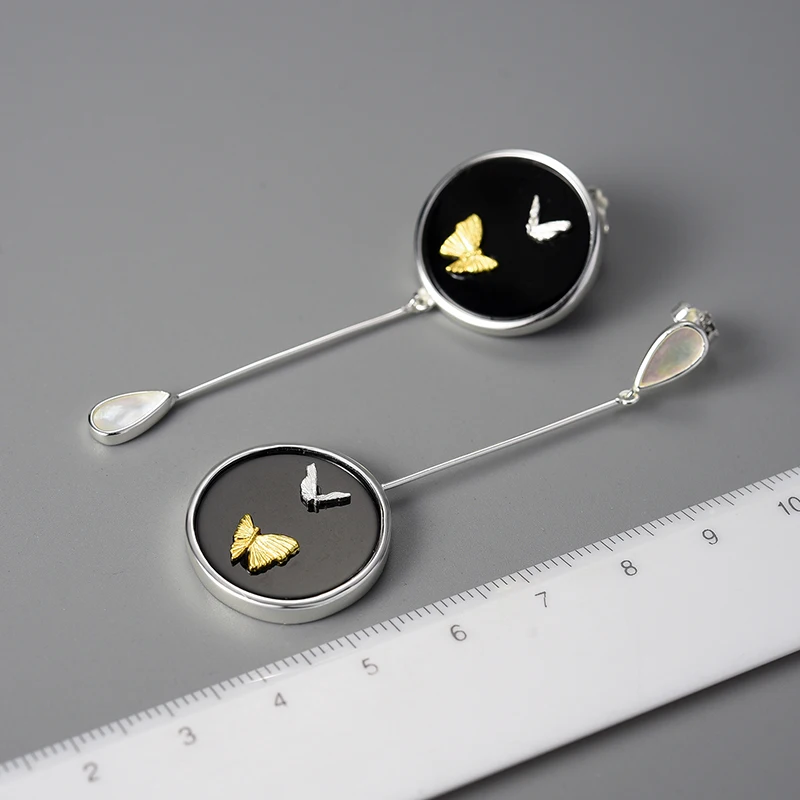 Luxury Natural Agate Stone Flying Butterfly Asymmetrical Long Dangle Earrings 925 Sterling Silver 18k goldfine jewelry for women