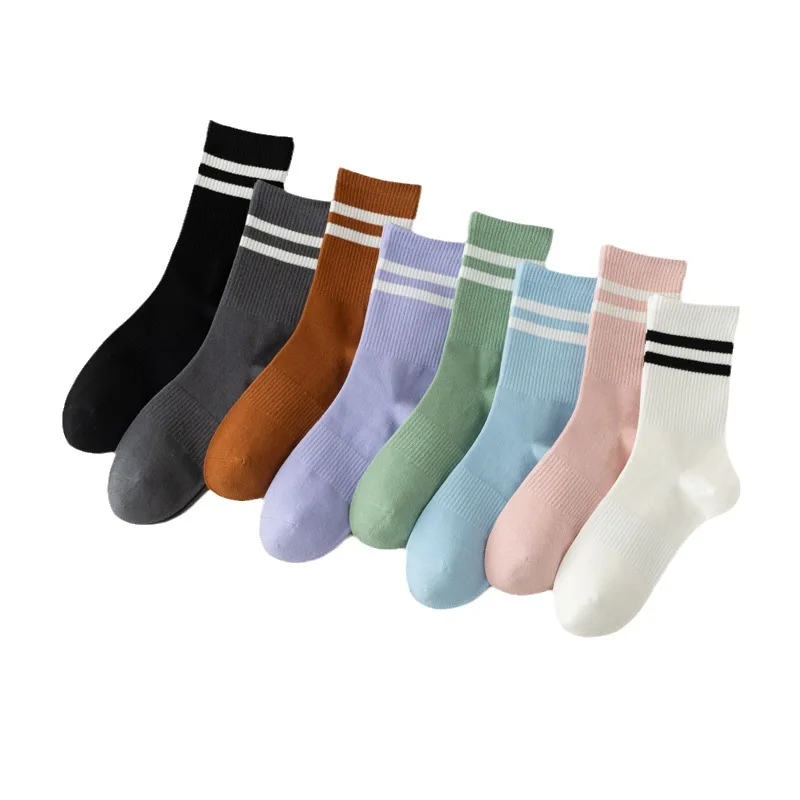 Custom  logo   Solid Color Two Stripe Crew Socks Pattern Casual Athletic Sport Cotton Socks For Women Girls