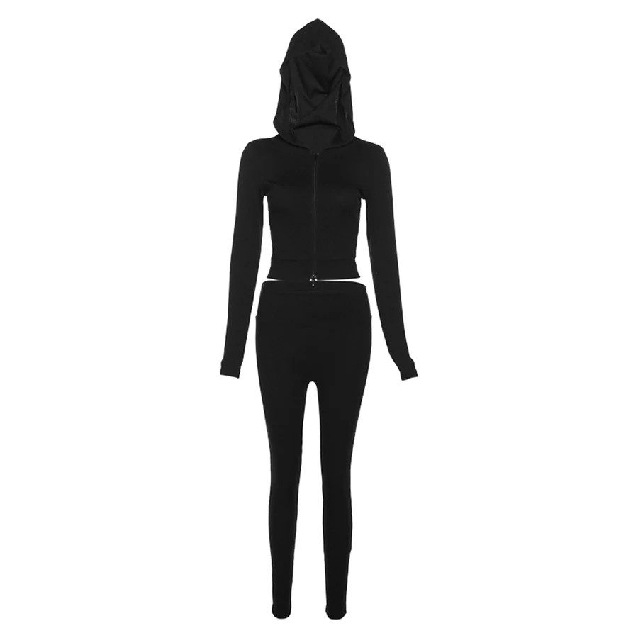 Kliou K23S37386 Fall clothing casual women zipper two piece outfits hooded sweat suit jogger tracksuit set