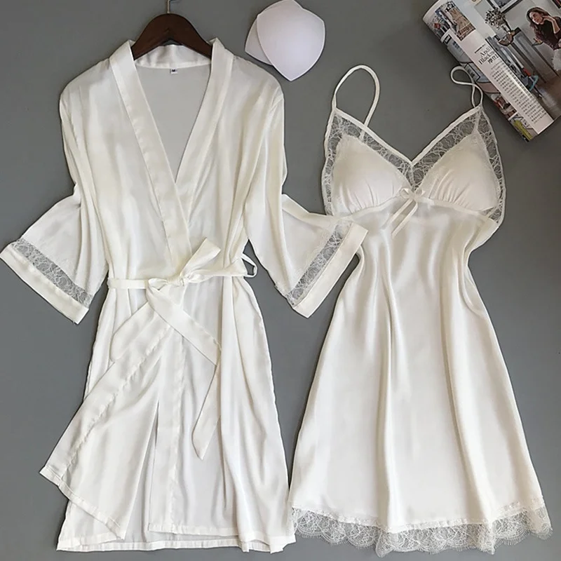 two pieces long sleepwear long dress V-collar sleep dress with gown nightties