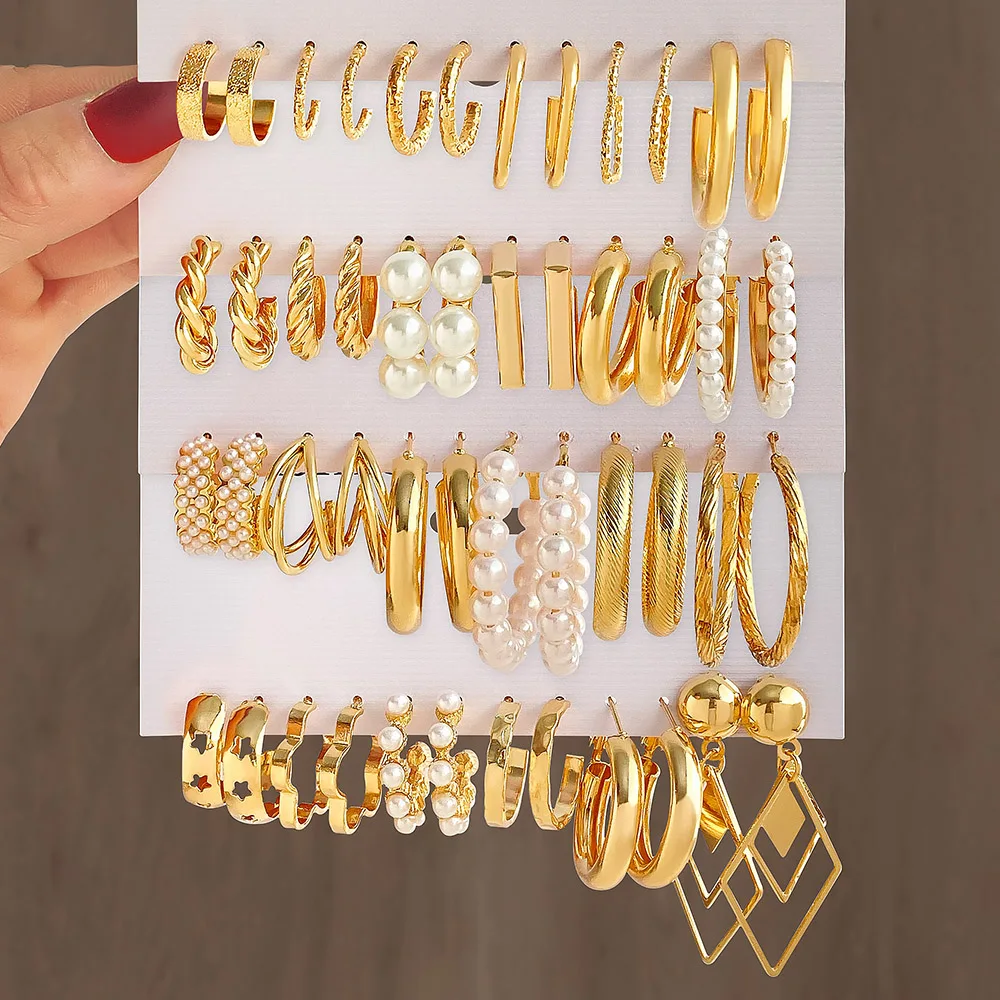 New Wholesale Gold plated Pearl Butterfly Acrylic  Hoop Earring Set for Women Metal Hollow Earrings Jewelry