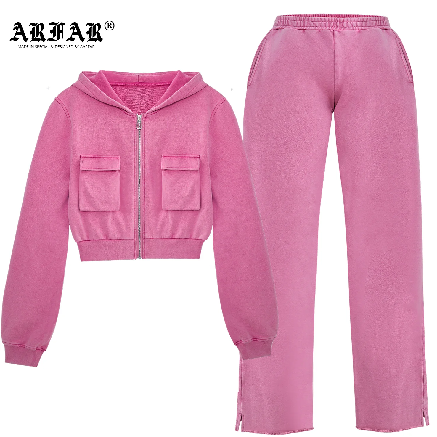 Two piece pants set women tracksuit custom logo stone washed zip ups 2 set female jogger suit