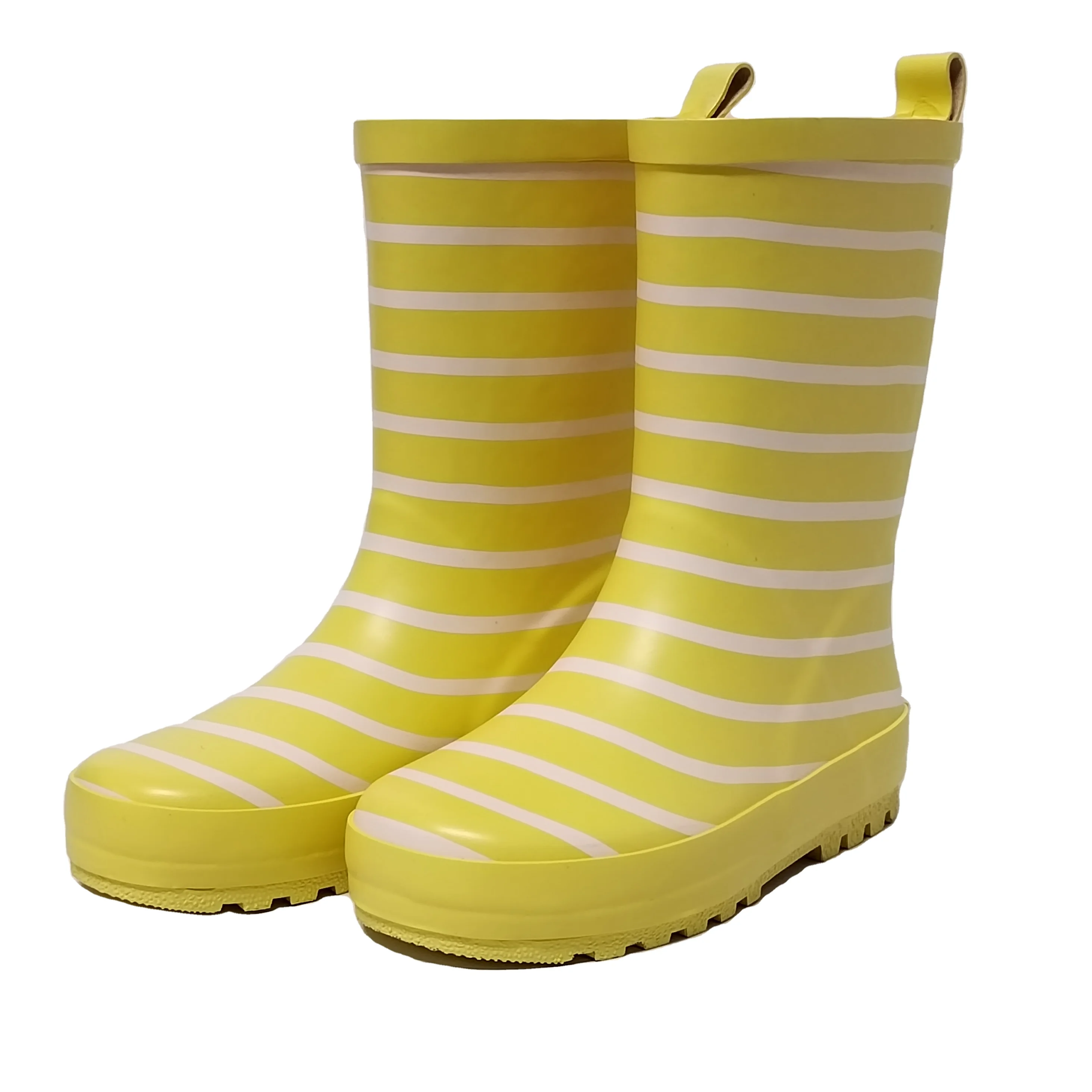 white stripe yellow lining waterproof rubber rain boots for children