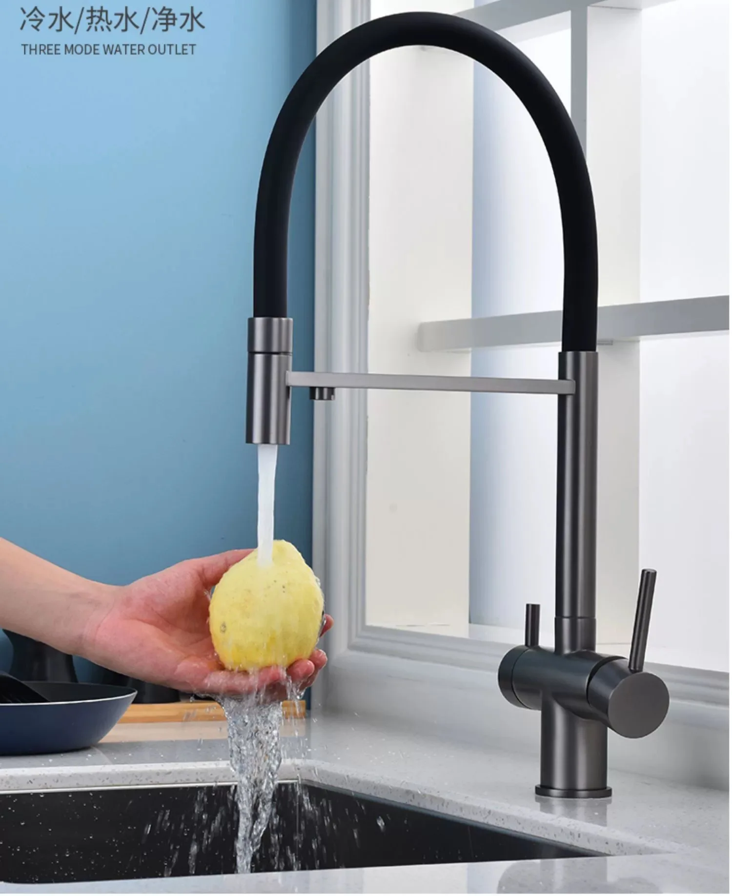 Morden Filter Water Kitchen Faucet 2 in 1 Brass Dual Spout Filter Faucets for Kitchen Black Swivel Pull Down Nozzle Mixer Tap