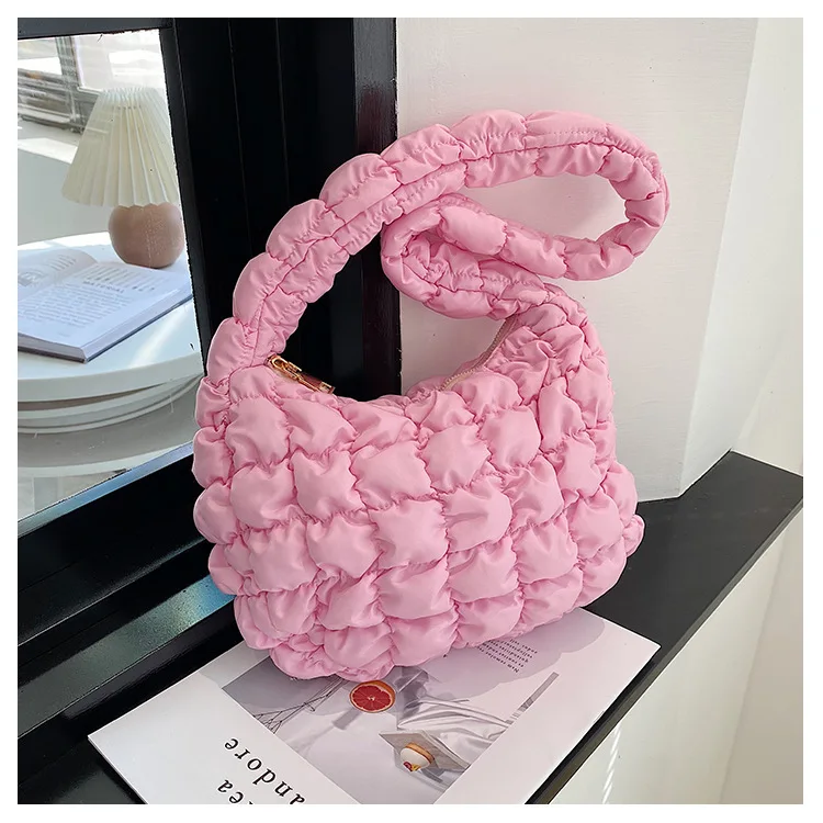 Multi-color Plain Quilted Wrinkle Puffy Underarm Bag Wholesale Zipper Closure Bubble Handbag Women Padded Purse Shoulder Bag