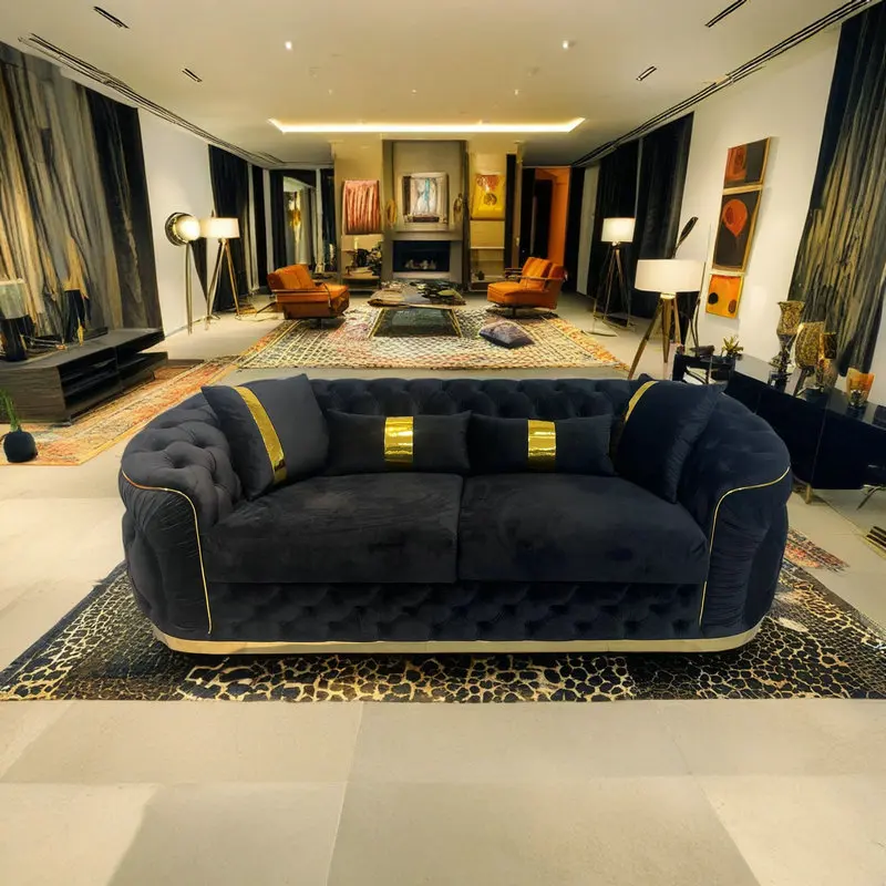 Premium Velvet Fabric Couch 3 Seater Black Sofa With Golden Stainless Steel Base Decoration