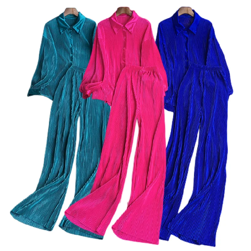 Y091-065 New Arrival Tracksuits For Women Candy Color Loose Pleated Shirt Elastic Pants Two Piece Set Casual Outfits For Women