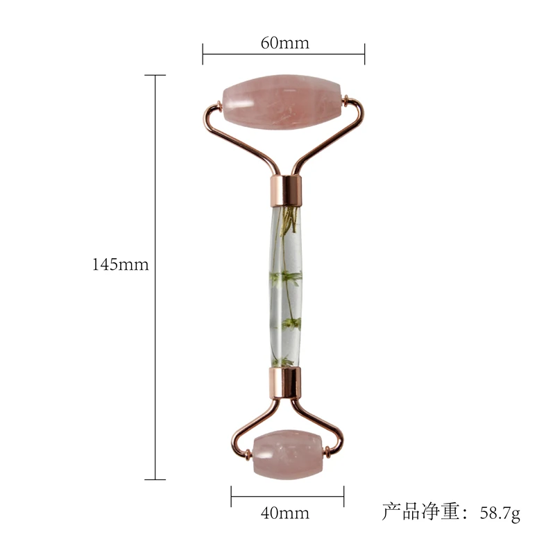 Custom Logo Transparent Crystal White Quartz Jade Facial Roller Natural Rose Quartz Face Pink Dries Flower Jade Roller