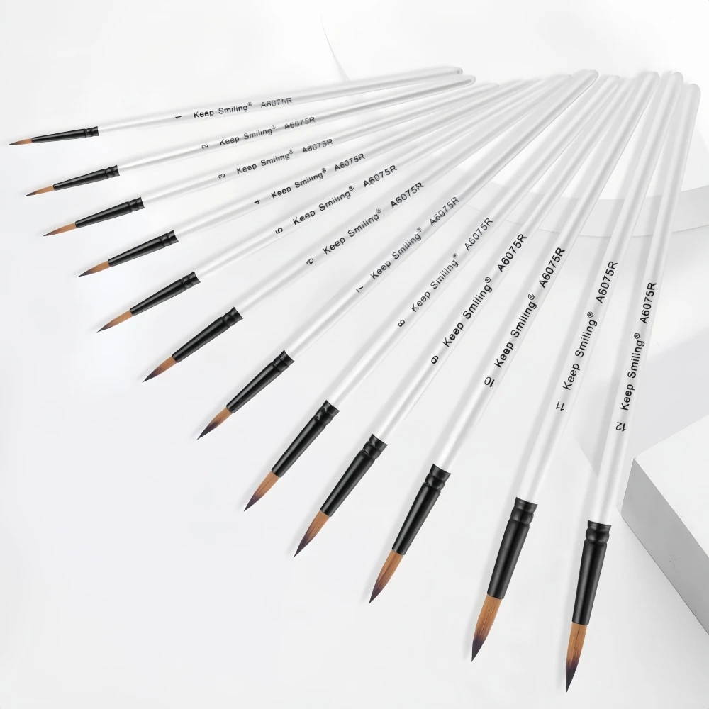 Keep Smiling 12pcs Pearl White Handle Nylon Hair Watercolor Artist Painting Brushes Set for Art Painting