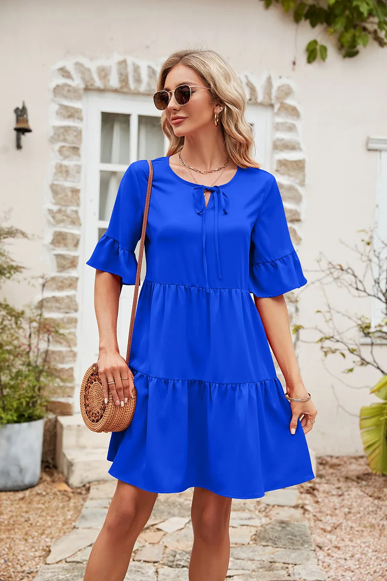 Hot sale V-neck Short Dress with Tie-Front Detail and Ruffled Sleeves High-waisted and Loose Fit clothing manufacturers custom