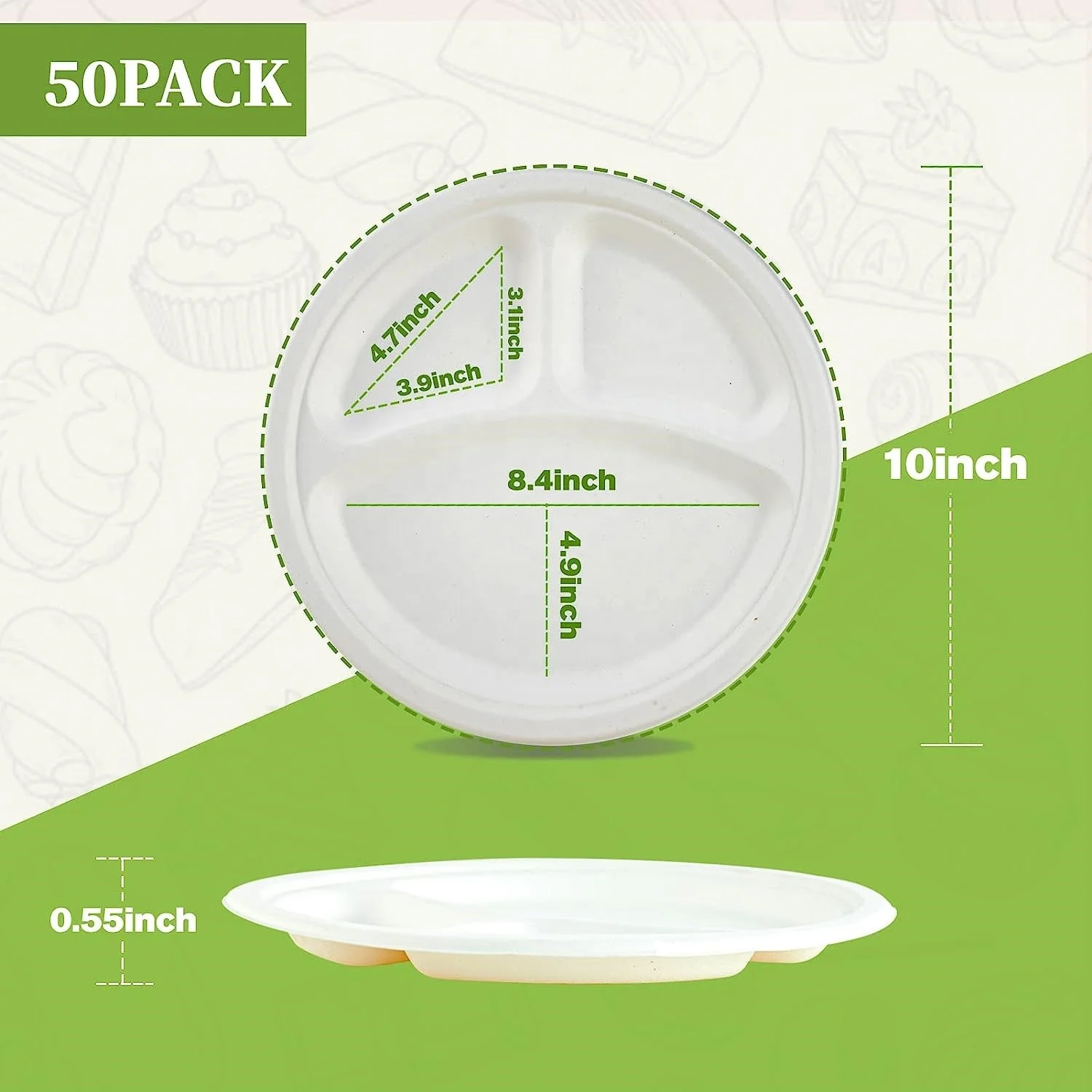 50 Pack 10 Inch 3 Compartment Compostable Tableware Sugarcane Plate Disposable Paper Plates Bio Degradable Sugarcane Bagasse Pla