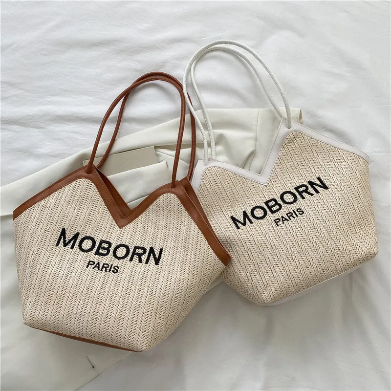 Designer Straw Woven Tote Large Beach Shoulder Bag Palm Crochet Knit Beach Bag For Girls