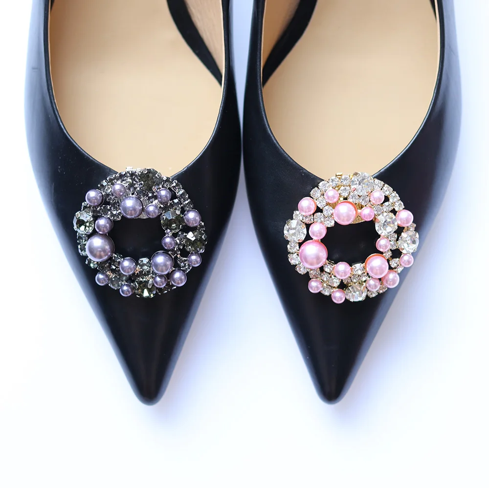 fashion round rhinestones shoe clips pink pearl shoe buckle ornaments clips for woman for wedding