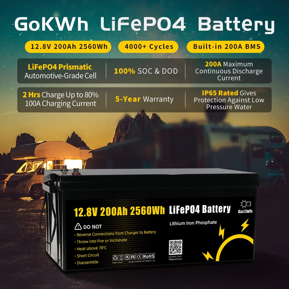 GoKWh Lifepo4 Battery 12V 50Ah 100Ah 200Ah connect to 12V 300Ah 400Ah 24V 200Ah for Power Backup RV Caravan Marine Trolling