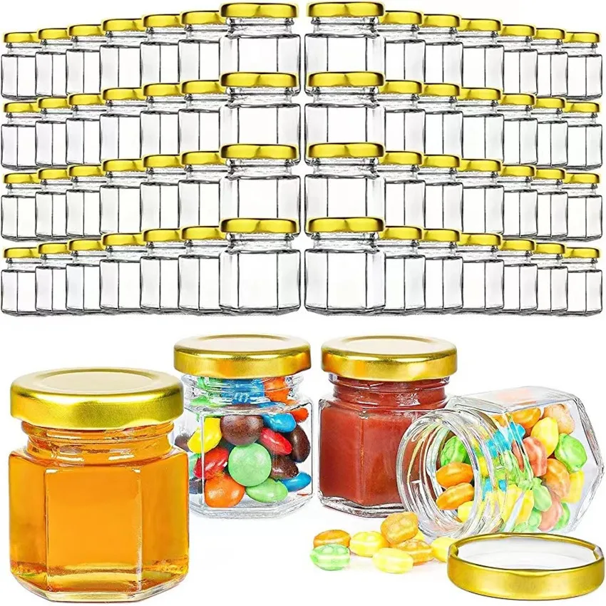 High quality 45ml Mini Hexagon Honey Jar honey Pot With Gold Lid for Gifts Wedding Favors Honey Jams Jelly Candy