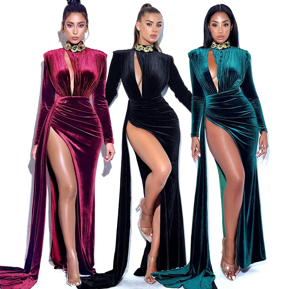 S-3XL Stylish Cut Out High Slit Velvet Gown Women Long Sleeve Party Dresses Asymmetric Elegant Luxury Evening Dress