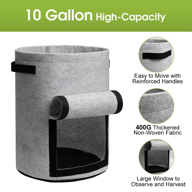 10 Gallon  2mm Thick Felt Potato Grow Bags Planter Pot With Handles and Harvest Window for Potato Tomato