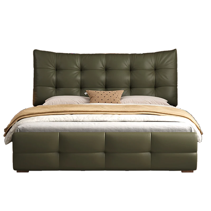 Modern Striped Ebony Double Bed With Solid Leather Headboard Soft Cowhide Tenon Structure Bunk Bed Style