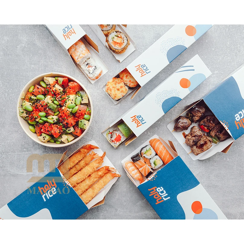 custom Japanese Food restaurant takeout Tuna omakase sashimi Tempura ramen sushi Paper slide Box slice to go bento Packaging