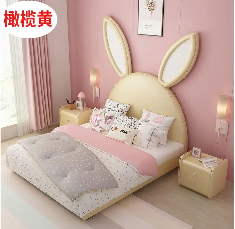 Children Kid Size Single Double Leather Bed Bedroom Kid Furniture Set Rabbit rabbit ears children bed fantasy castle cartoon