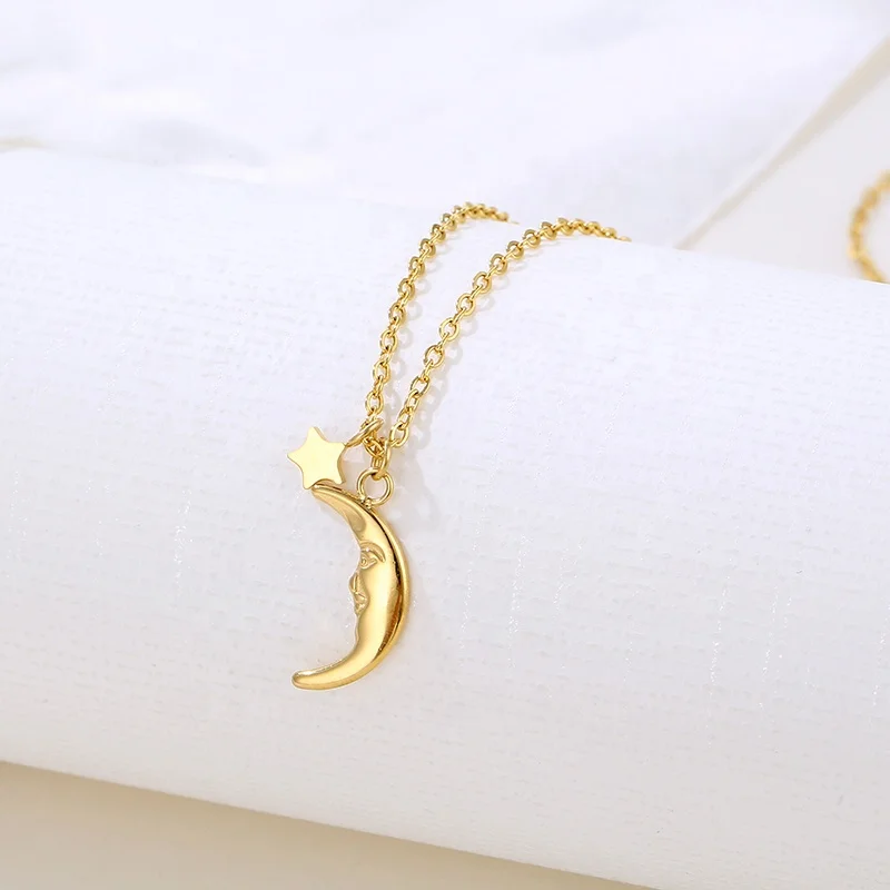 18K Gold Plated Stainless Steel Jewelry Moon And Star Pendant Necklace for Women