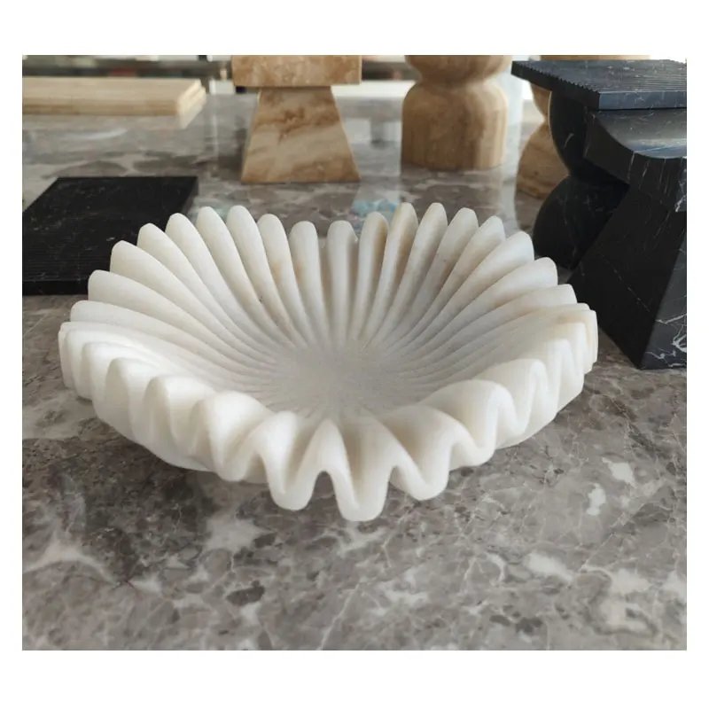 HZX Classic White Natural Stone Marble Flower Decorative Bowl Home Fruit Jewelry Marble Onyx Travertine Contemporary Bowls