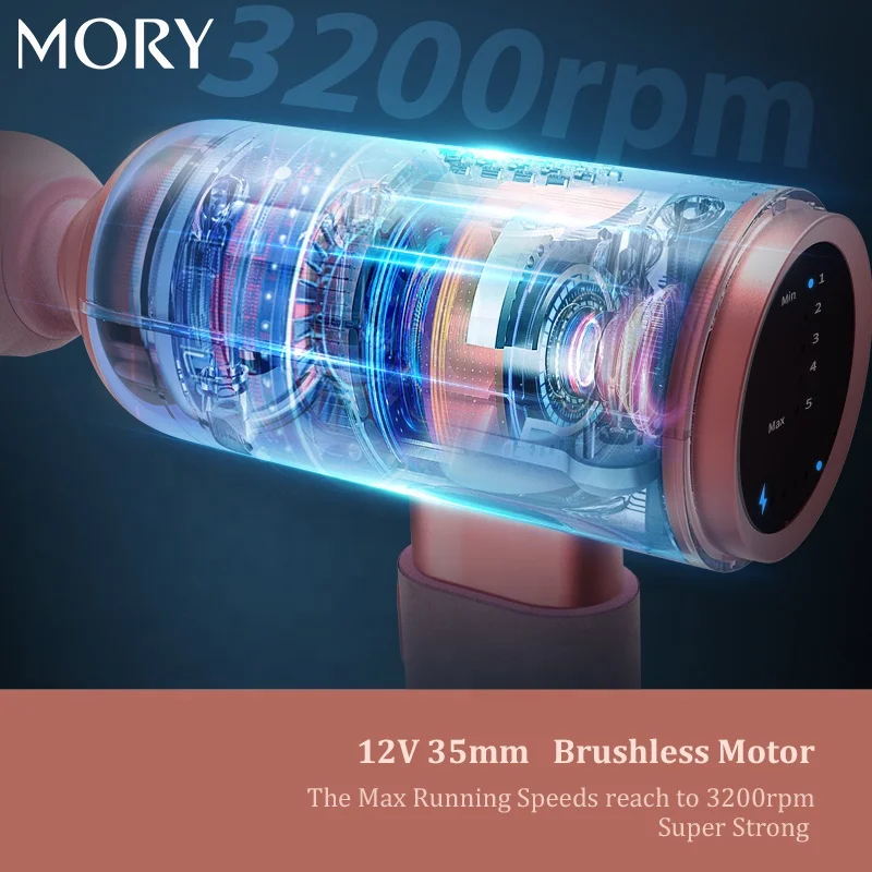 MORY Vibrating Cordless Brushless Gym Gun Massager Powerful Percussion Dropshipping Mini Muscle Massage Gun with LCD Screen